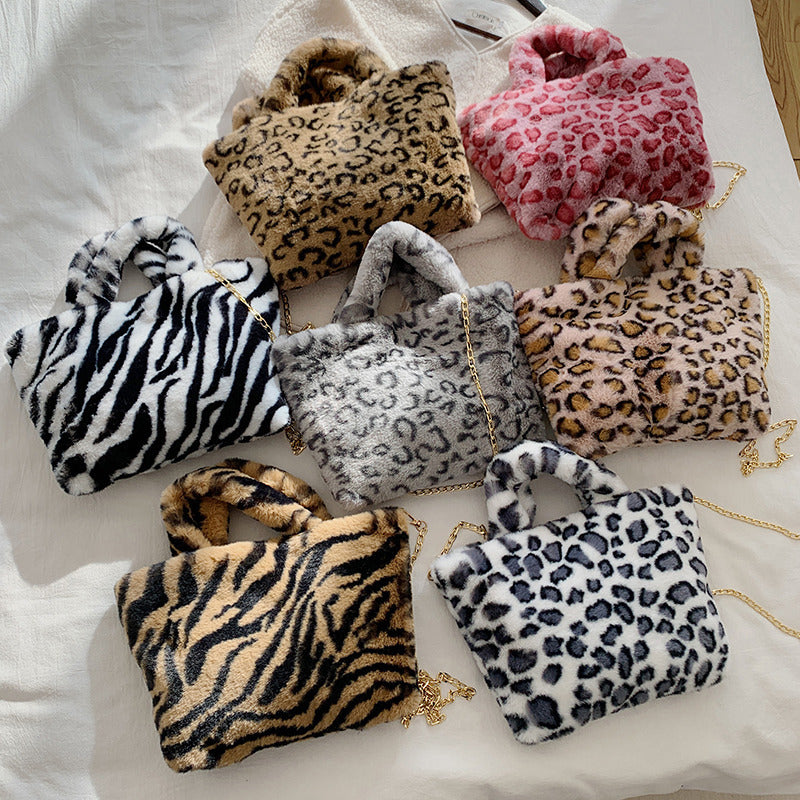 Wholesale Plush Leopard Print Tote Bag Handbag Chain Crossbody Bag